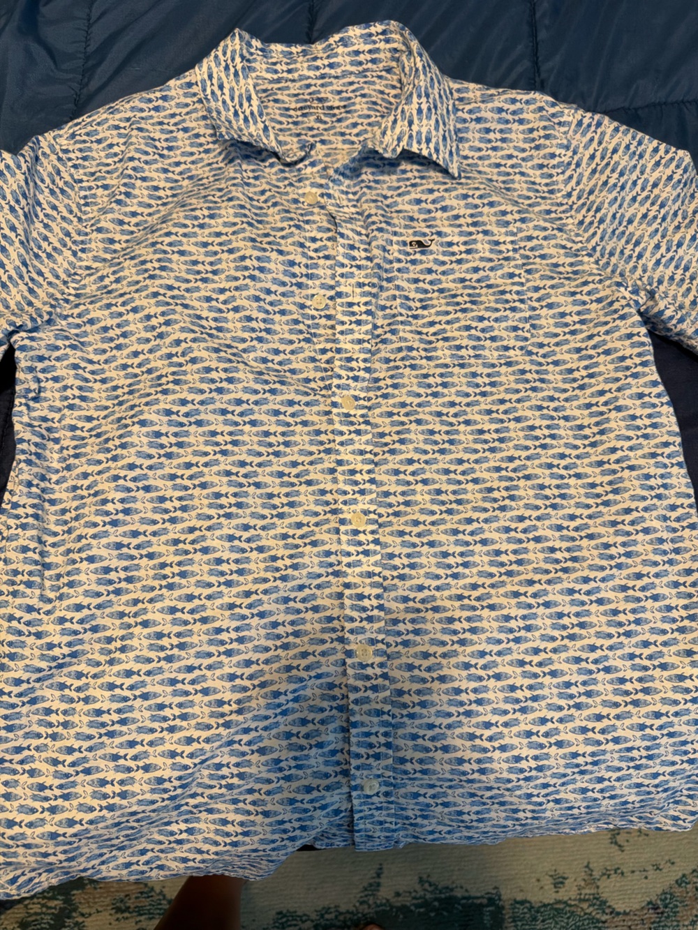 Vineyard Vines Blue and White Fish-Print Button-Down Shirt